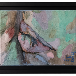 Discomfort 3 original figurative oil painting on canvas by Lucille Fernandes-Stangl in matte black frame