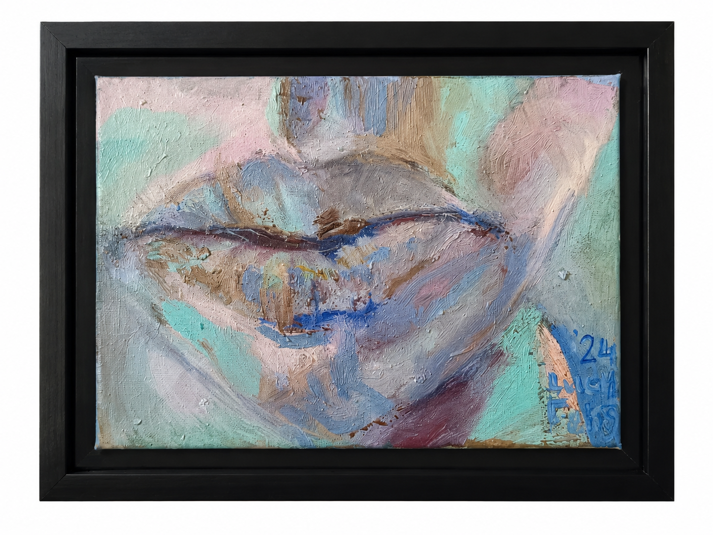 Discomfort 9 recovery art oil painting on canvas by Lucille Fernandes-Stangl in matte black frame